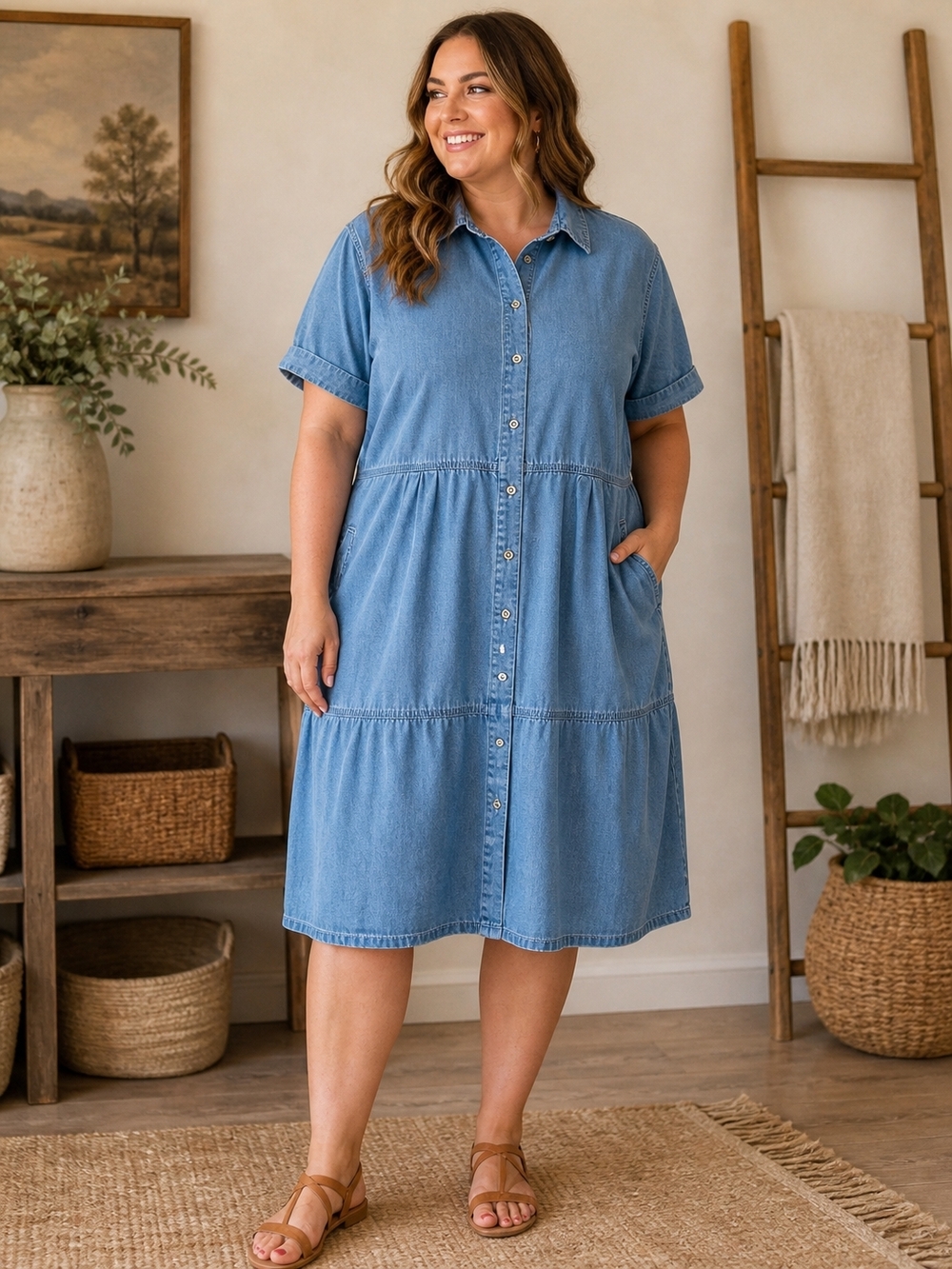 Light Wash Denim Button-Front Midi Shirt Dress